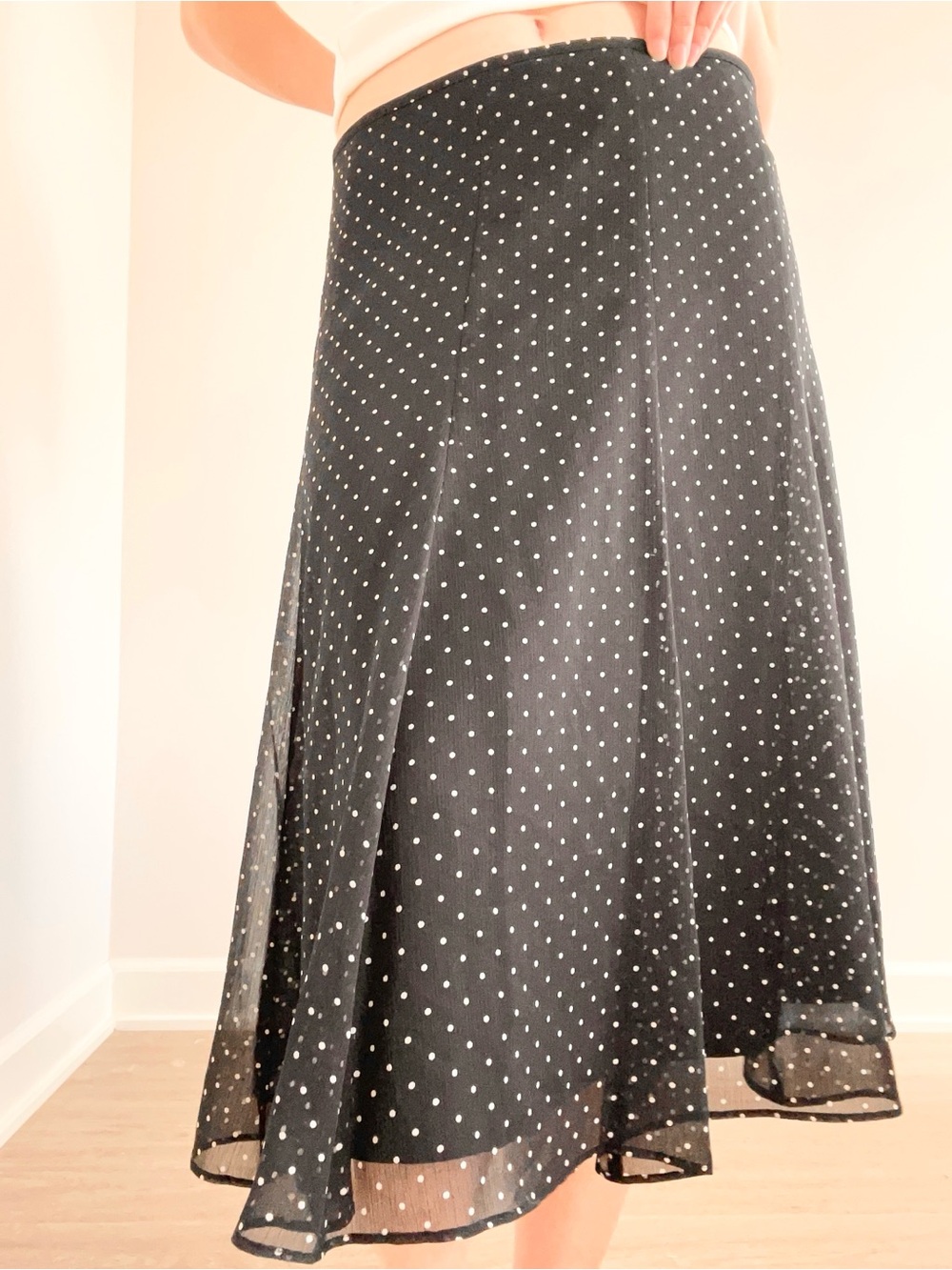 Liz & co Polka Dot Black Midi Skirt with Flowing A-Line Silhouette - Picture 4 of 5